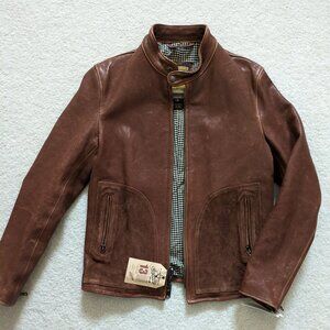 Schott Brown Suede-Trimmed Cafe Racer Leather Jacket, Small